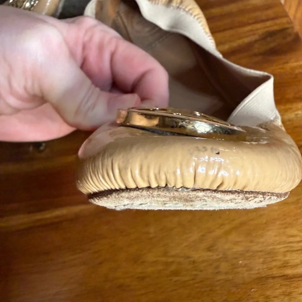 Tory Burch Beige Leather Ballet Flats with Gold Logo